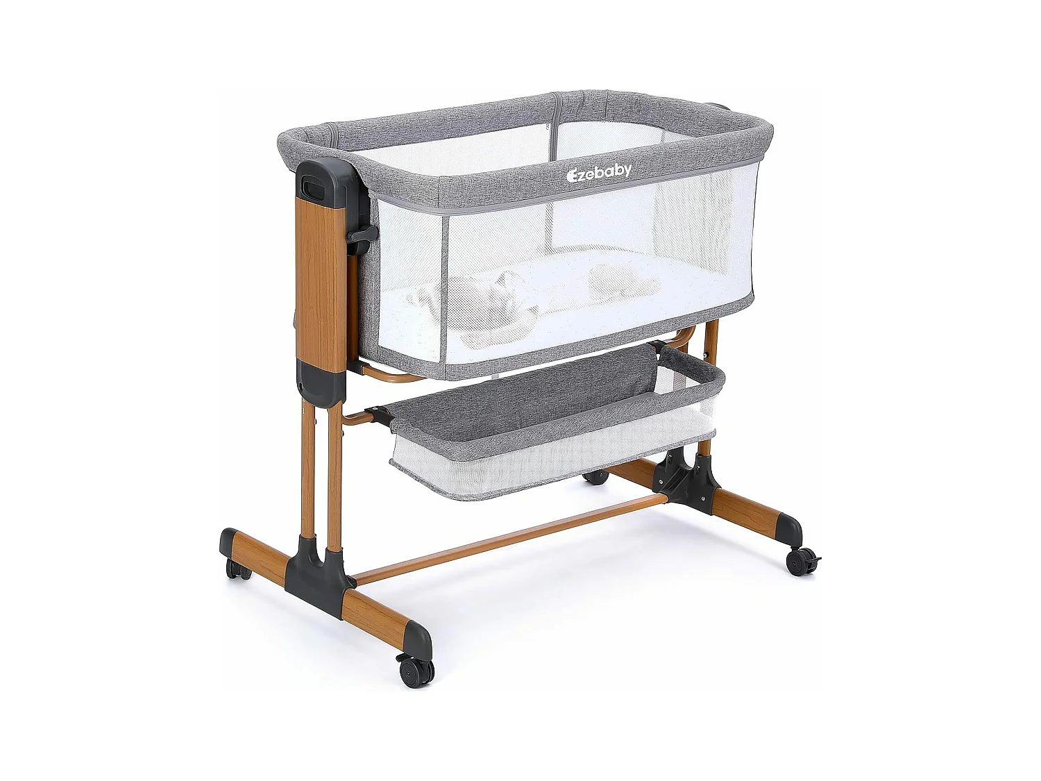 Ezebaby Lit Bébé Cododo 3 en 1,Couffin à Bascule avec Matelas,Hauteur Réglable 7 Niveaux,Maille Respirante,pour Nouveau-né,Veinure du Bois