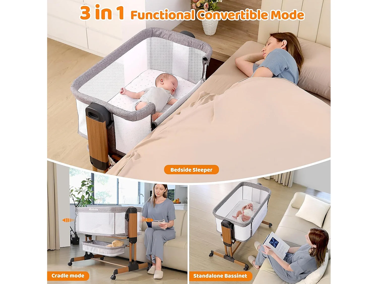 Ezebaby 3-in-1 co-sleeping babybedje, schommelwieg met matras, in hoogte verstelbaar 7 niveaus, ademend gaas, voor pasgeborenen, houtnerf