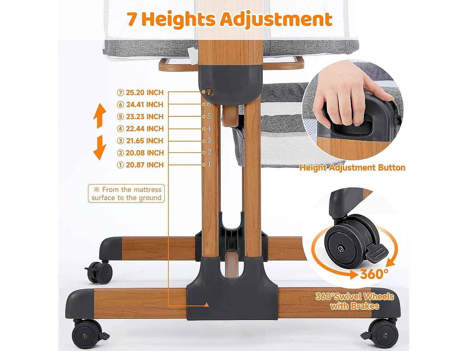 Ezebaby 3-in-1 co-sleeping babybedje, schommelwieg met matras, in hoogte verstelbaar 7 niveaus, ademend gaas, voor pasgeborenen, houtnerf