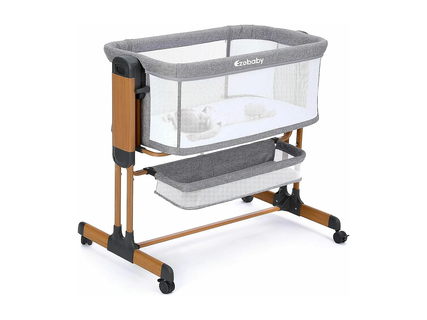 Ezebaby 3-in-1 co-sleeping babybedje, schommelwieg met matras, in hoogte verstelbaar 7 niveaus, ademend gaas, voor pasgeborenen, houtnerf