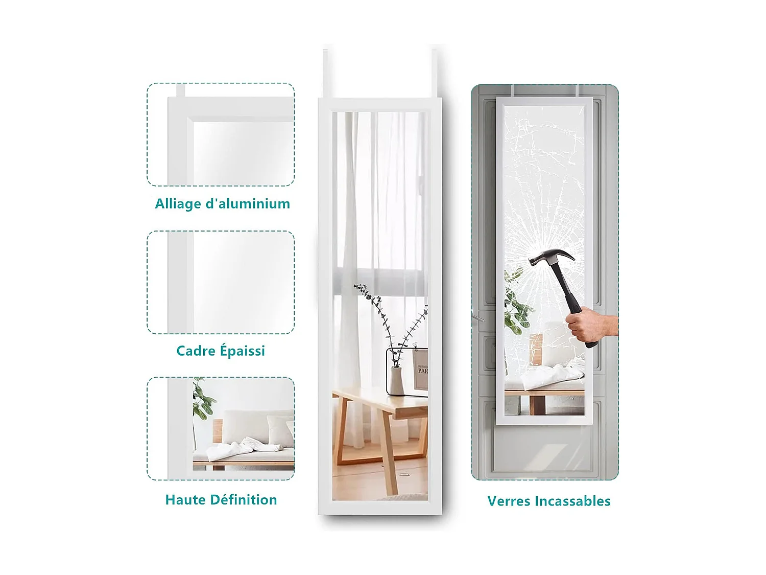 Miroir Porte Mural Suspendu 110x33cm,Miroir Pleine Longueur en Verre Trempé avec 2 Crochets de Suspension pour Porte,Hauteur Réglable - Blanc