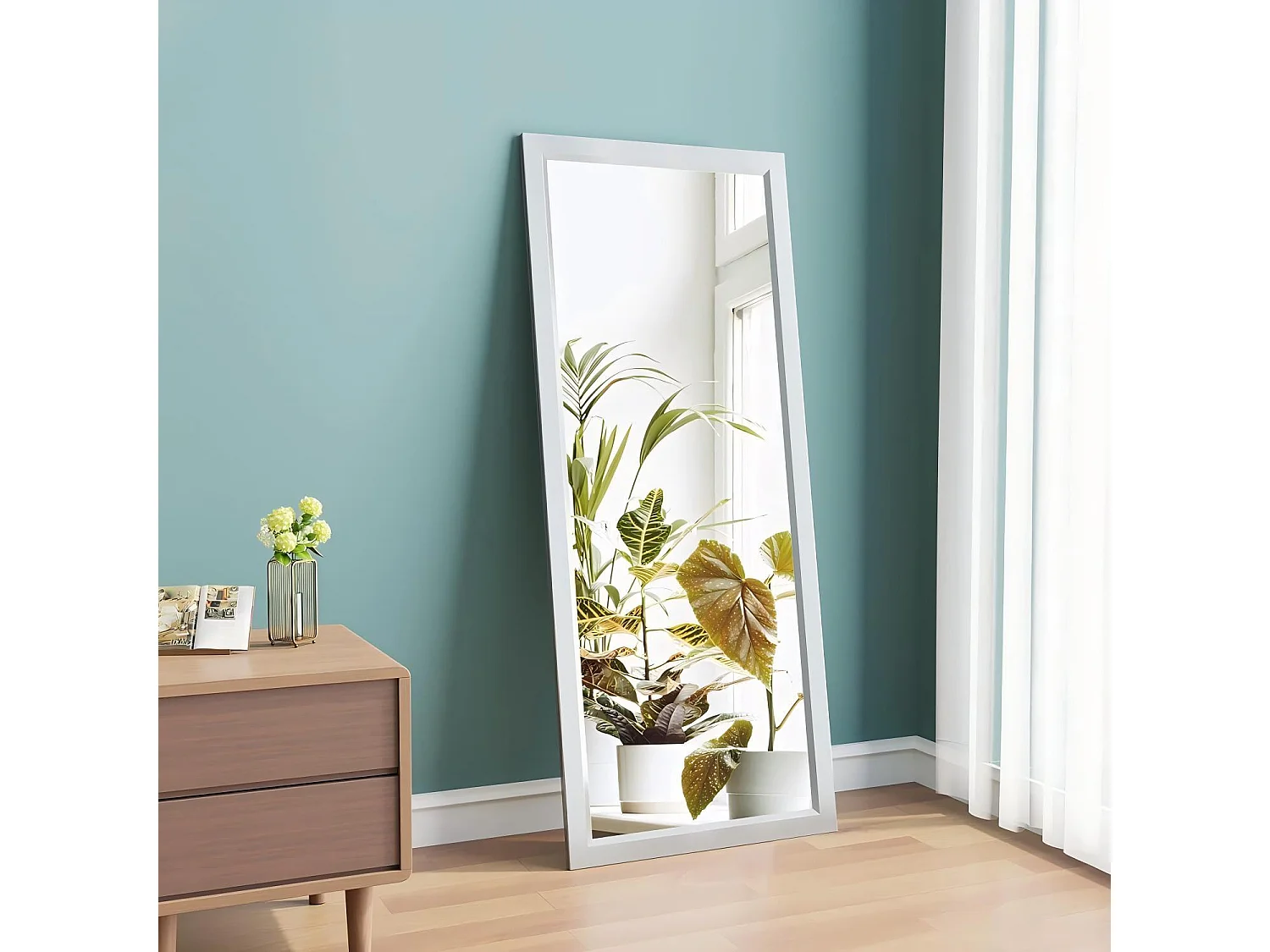 Miroir Porte Mural Suspendu 110x33cm,Miroir Pleine Longueur en Verre Trempé avec 2 Crochets de Suspension pour Porte,Hauteur Réglable - Blanc