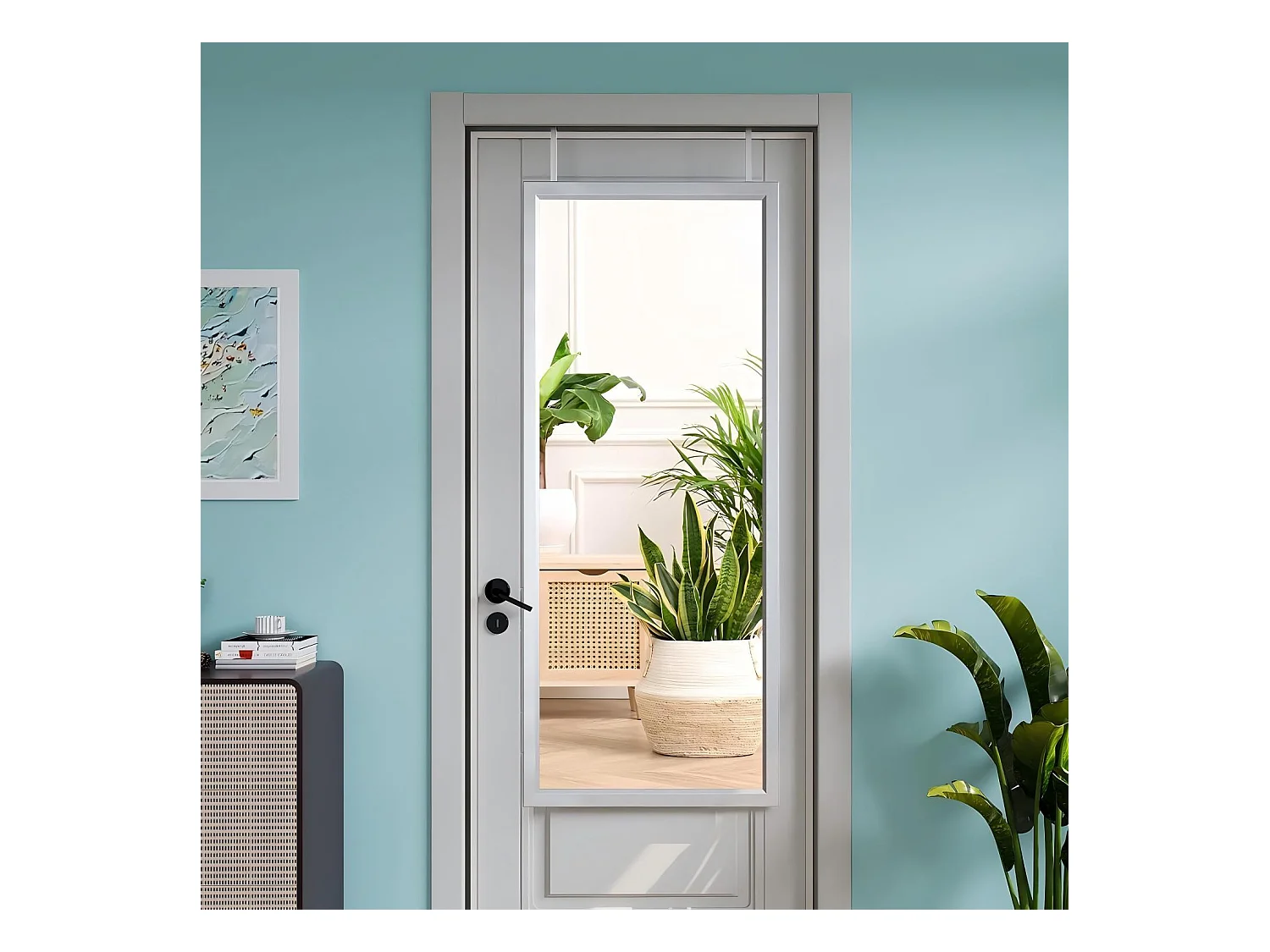 Miroir Porte Mural Suspendu 110x33cm,Miroir Pleine Longueur en Verre Trempé avec 2 Crochets de Suspension pour Porte,Hauteur Réglable - Blanc