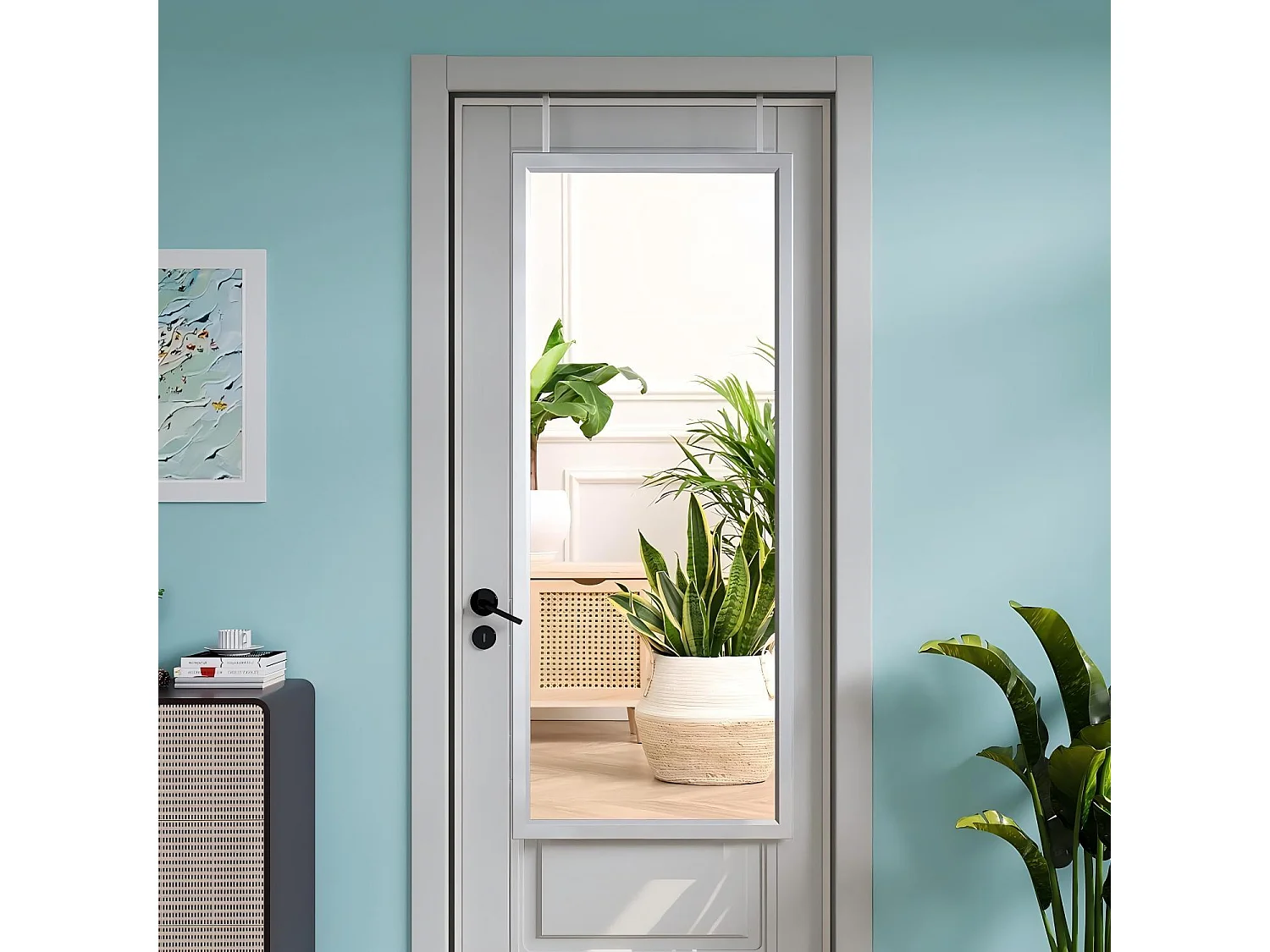 Porta a parete sospesa specchio 110x33 cm, lunghezza dello specchio pieno in vetro temperato con 2 ganci di sospensione per porta, altezza regolabile - bianco