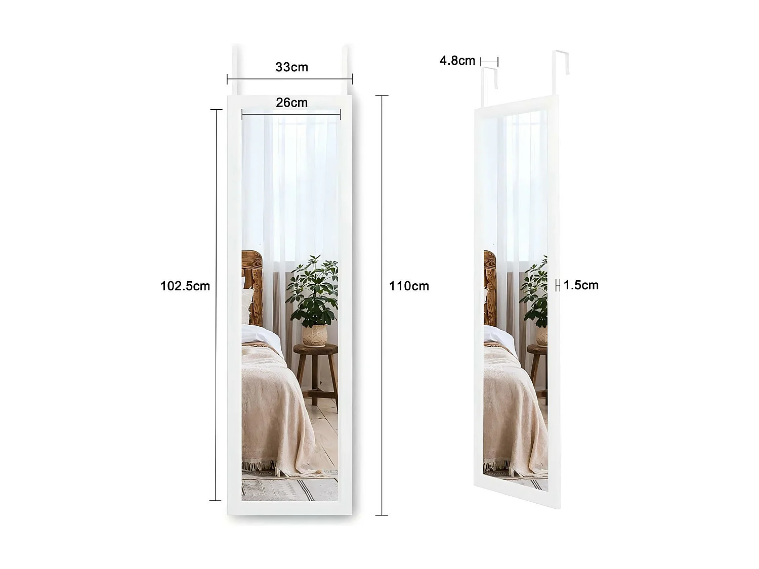 Porta a parete sospesa specchio 110x33 cm, lunghezza dello specchio pieno in vetro temperato con 2 ganci di sospensione per porta, altezza regolabile - bianco