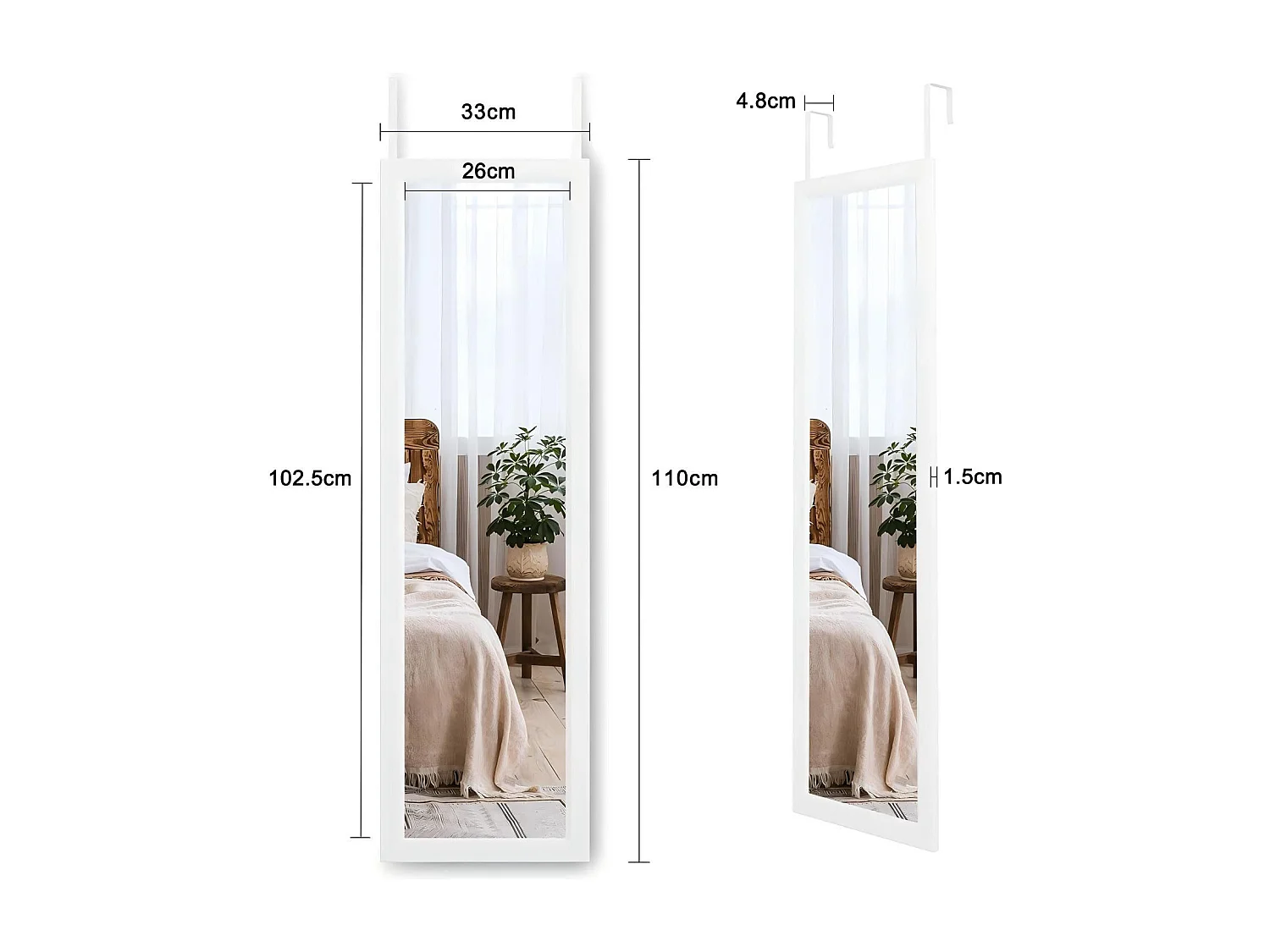 Miroir Porte Mural Suspendu 110x33cm,Miroir Pleine Longueur en Verre Trempé avec 2 Crochets de Suspension pour Porte,Hauteur Réglable - Blanc