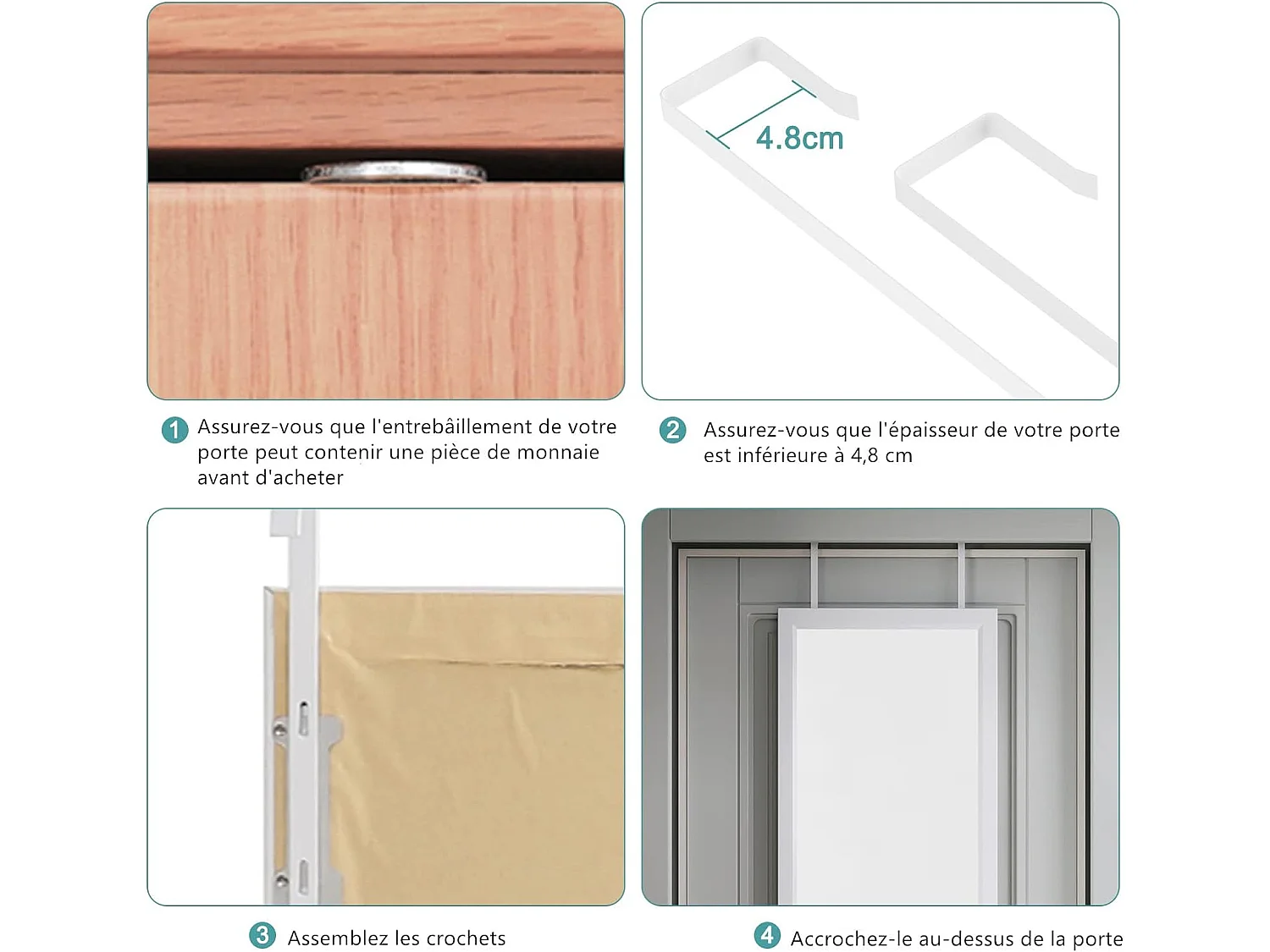 Miroir Porte Mural Suspendu 110x33cm,Miroir Pleine Longueur en Verre Trempé avec 2 Crochets de Suspension pour Porte,Hauteur Réglable - Blanc