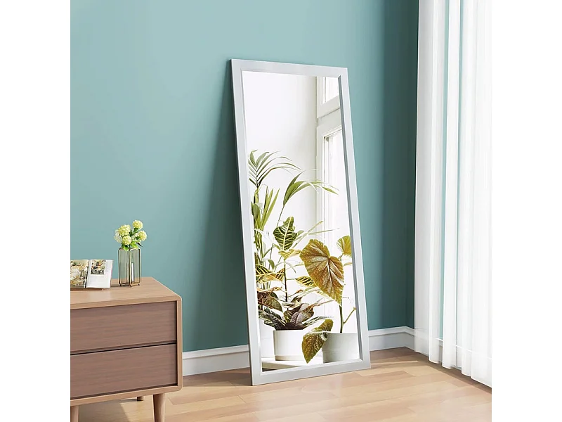 Miroir Porte Mural Suspendu 110x33cm,Miroir Pleine Longueur en Verre Trempé avec 2 Crochets de Suspension pour Porte,Hauteur Réglable - Blanc