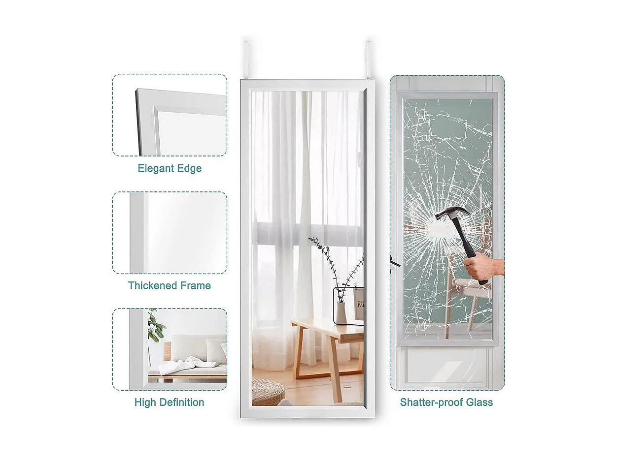 Spiegel hängende Wandtür 110x33 cm, vollständige Spiegellänge in geschmiedetem Glas mit 2 Haken Federung für Tür, verstellbare Höhe - Weiß