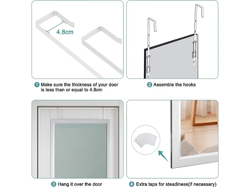 Spiegel hängende Wandtür 110x33 cm, vollständige Spiegellänge in geschmiedetem Glas mit 2 Haken Federung für Tür, verstellbare Höhe - Weiß