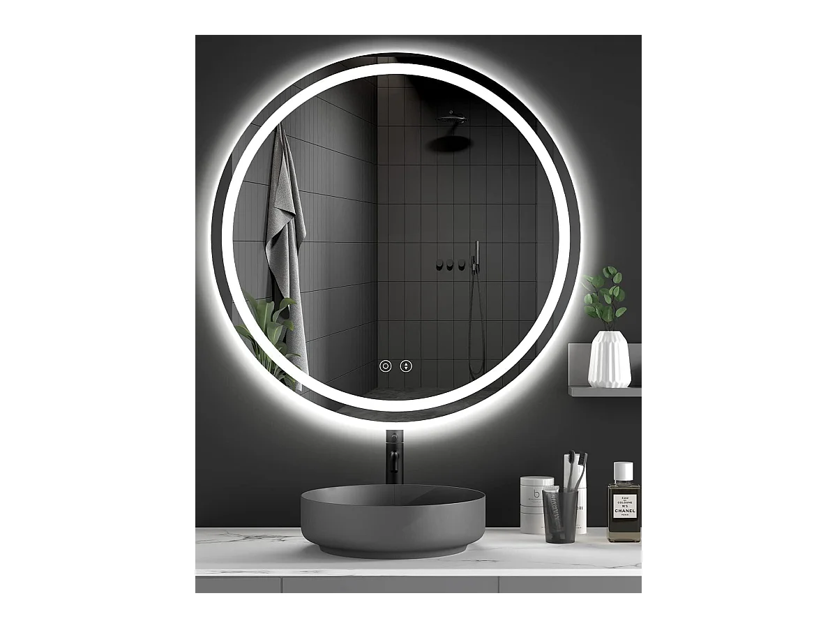 Miroir Rond Salle de Bain avec Eclairage LED, Miroir Maquillage Anti-buée, Miroir Mural 3 Couleurs Dimmable,70x70cm