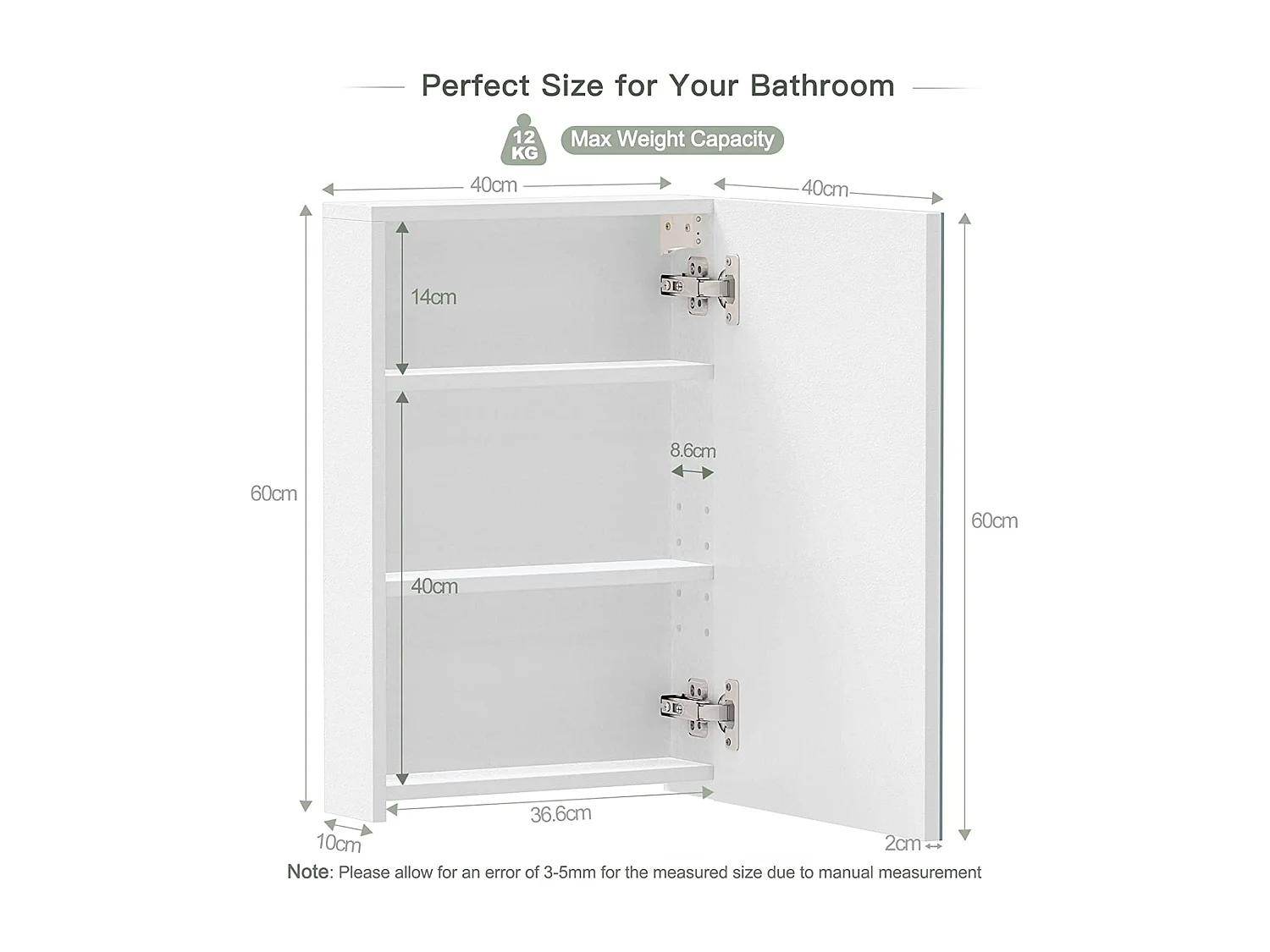 Armoire Miroir de Salle de Bain,Armoire Murale avec Miroir - 3 Étagères - 60x40x12cm - Blanc