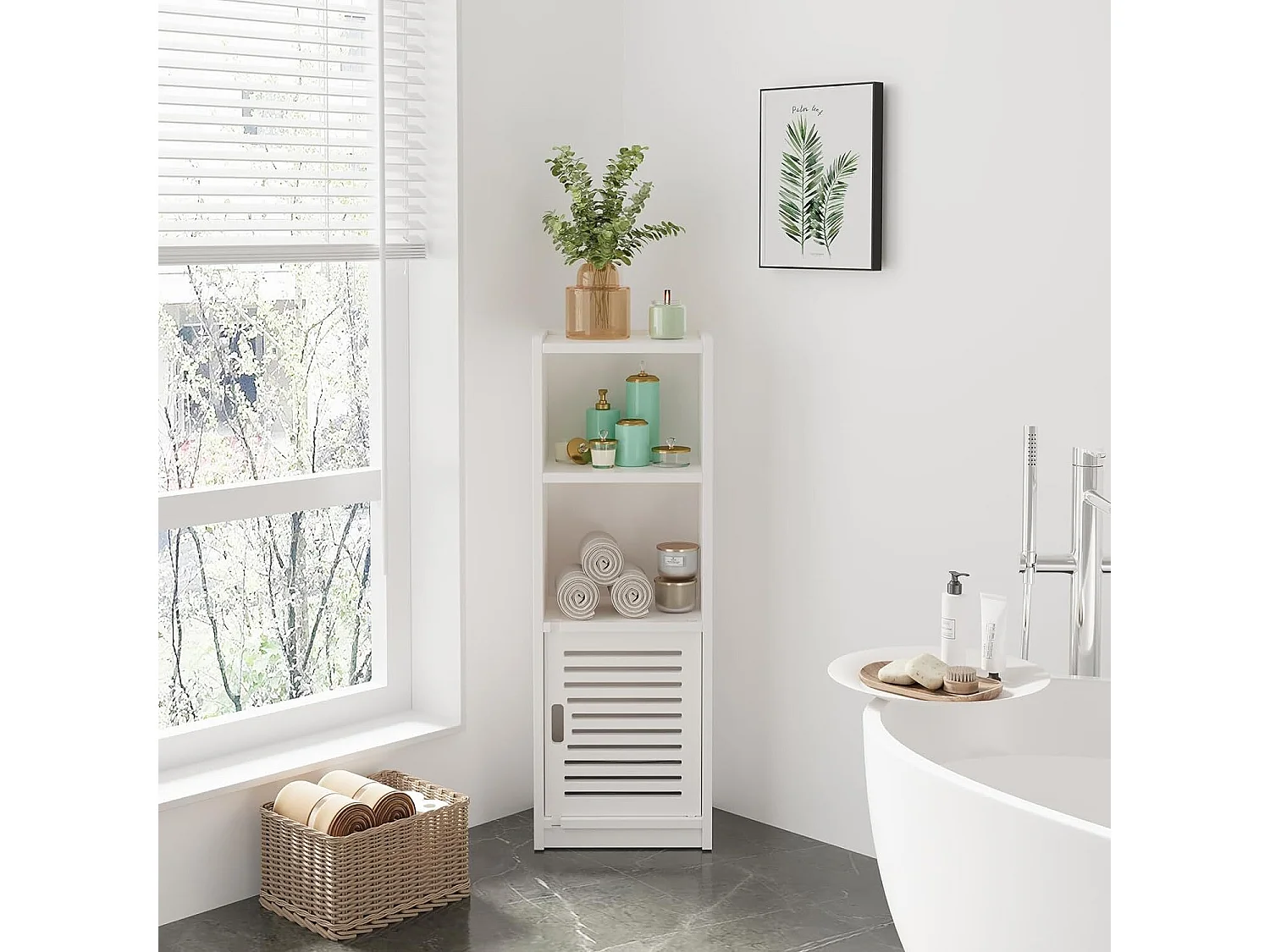 Muebles de baño con puerta pequeña de 3 cajones, unidad de almacenamiento con puerta, estante de pie - 80x25x22cm - blanco