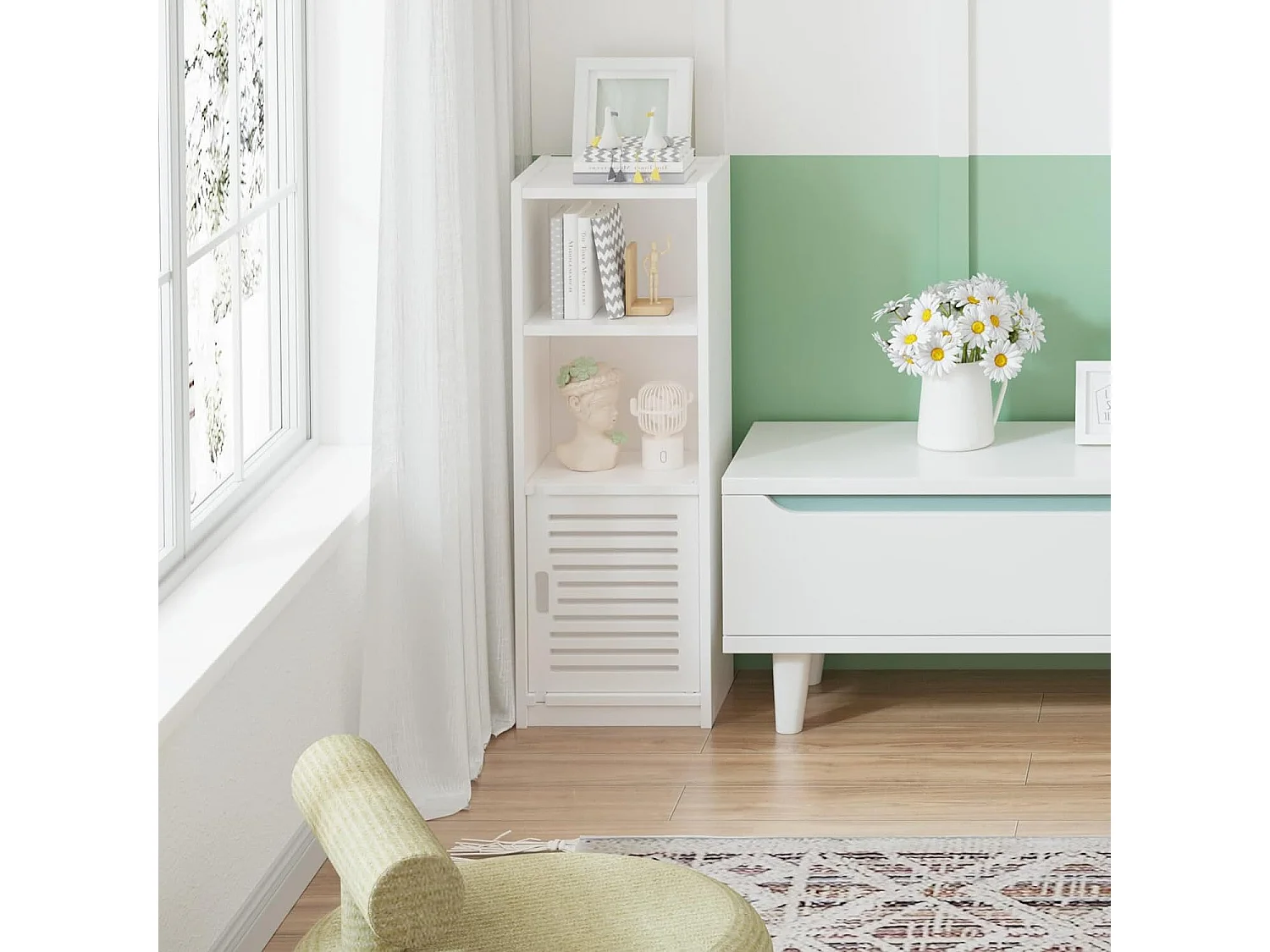 Muebles de baño con puerta pequeña de 3 cajones, unidad de almacenamiento con puerta, estante de pie - 80x25x22cm - blanco