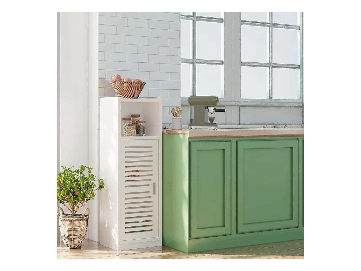 Muebles de baño con puerta pequeña de 3 cajones, unidad de almacenamiento con puerta, estante de pie - 80x25x22cm - blanco