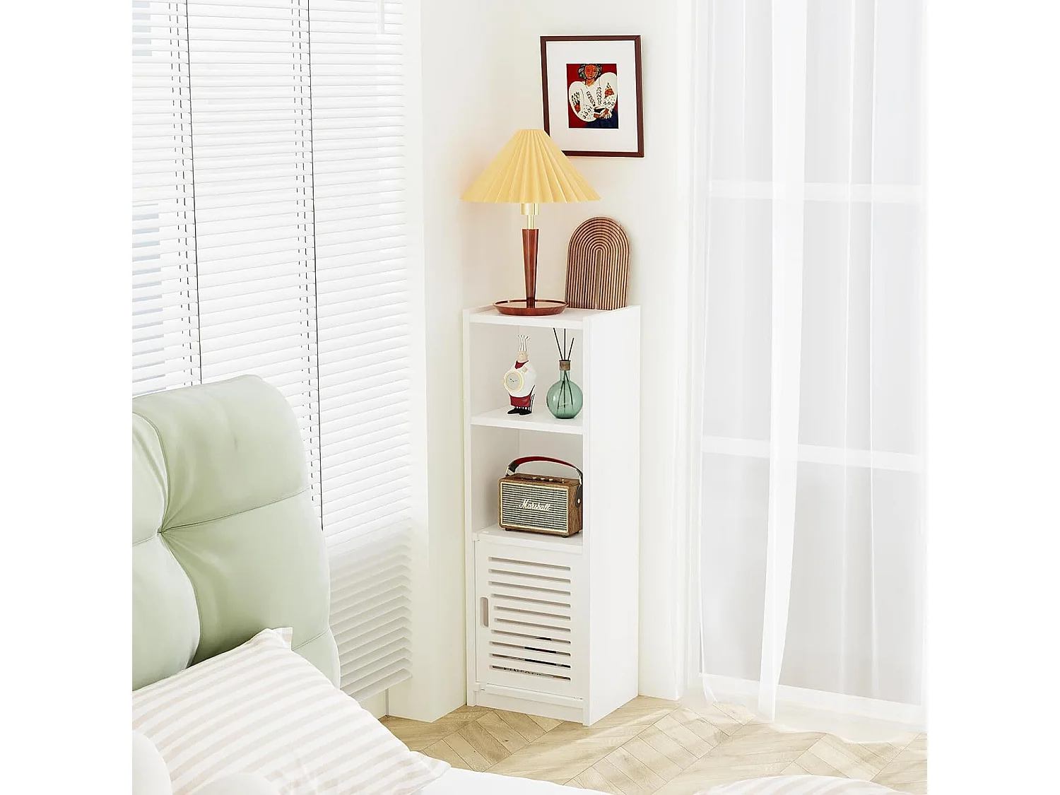 Muebles de baño con puerta pequeña de 3 cajones, unidad de almacenamiento con puerta, estante de pie - 80x25x22cm - blanco