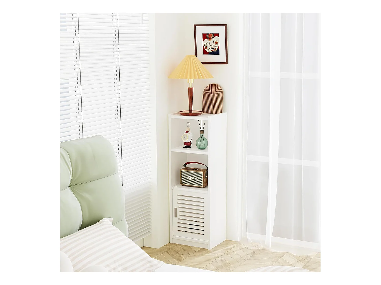 Badkamerkast met kleine deur 3 lades, opbergmeubel met deur, staande plank - 80x25x22cm - Wit