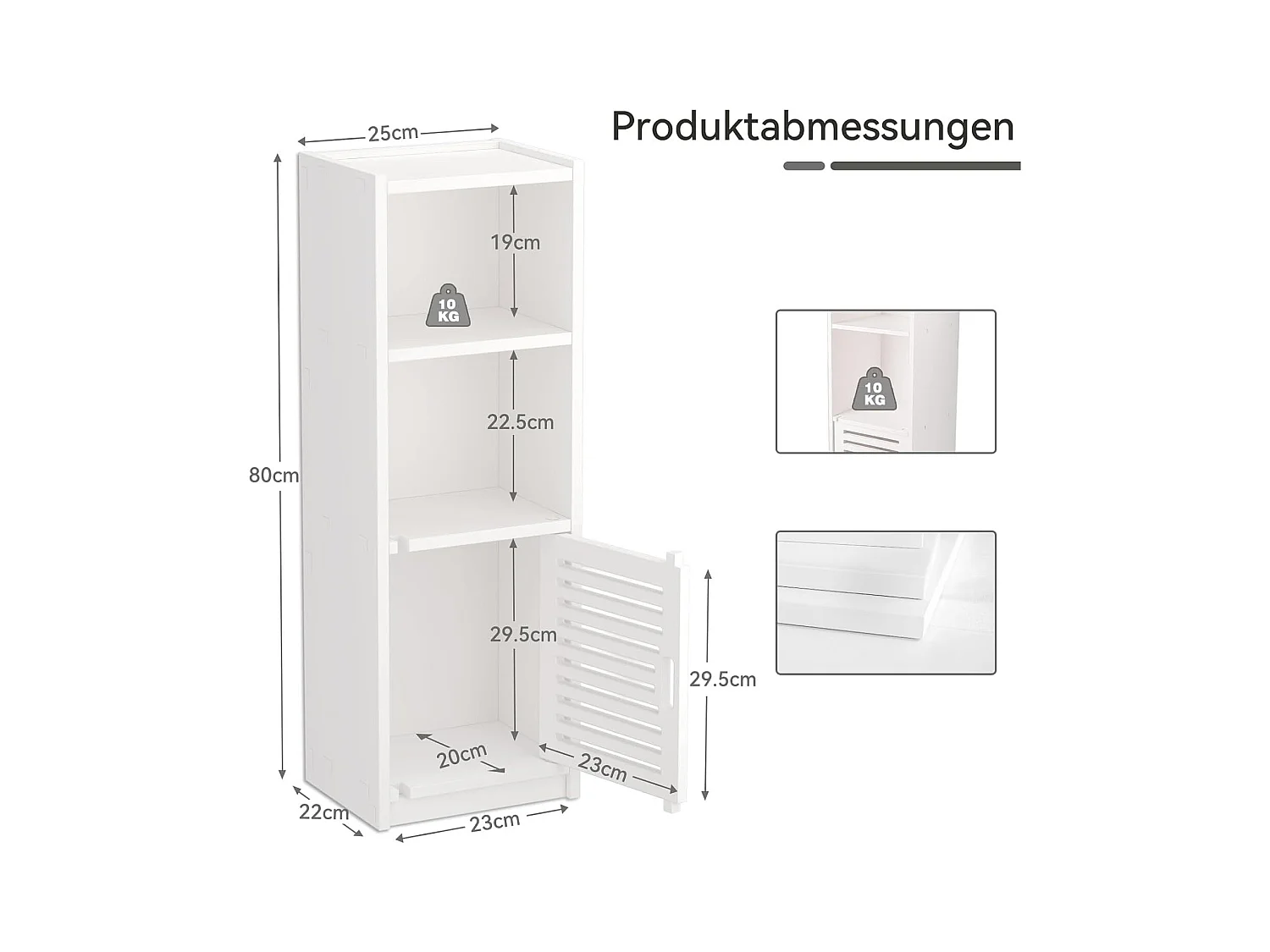 Badkamerkast met kleine deur 3 lades, opbergmeubel met deur, staande plank - 80x25x22cm - Wit