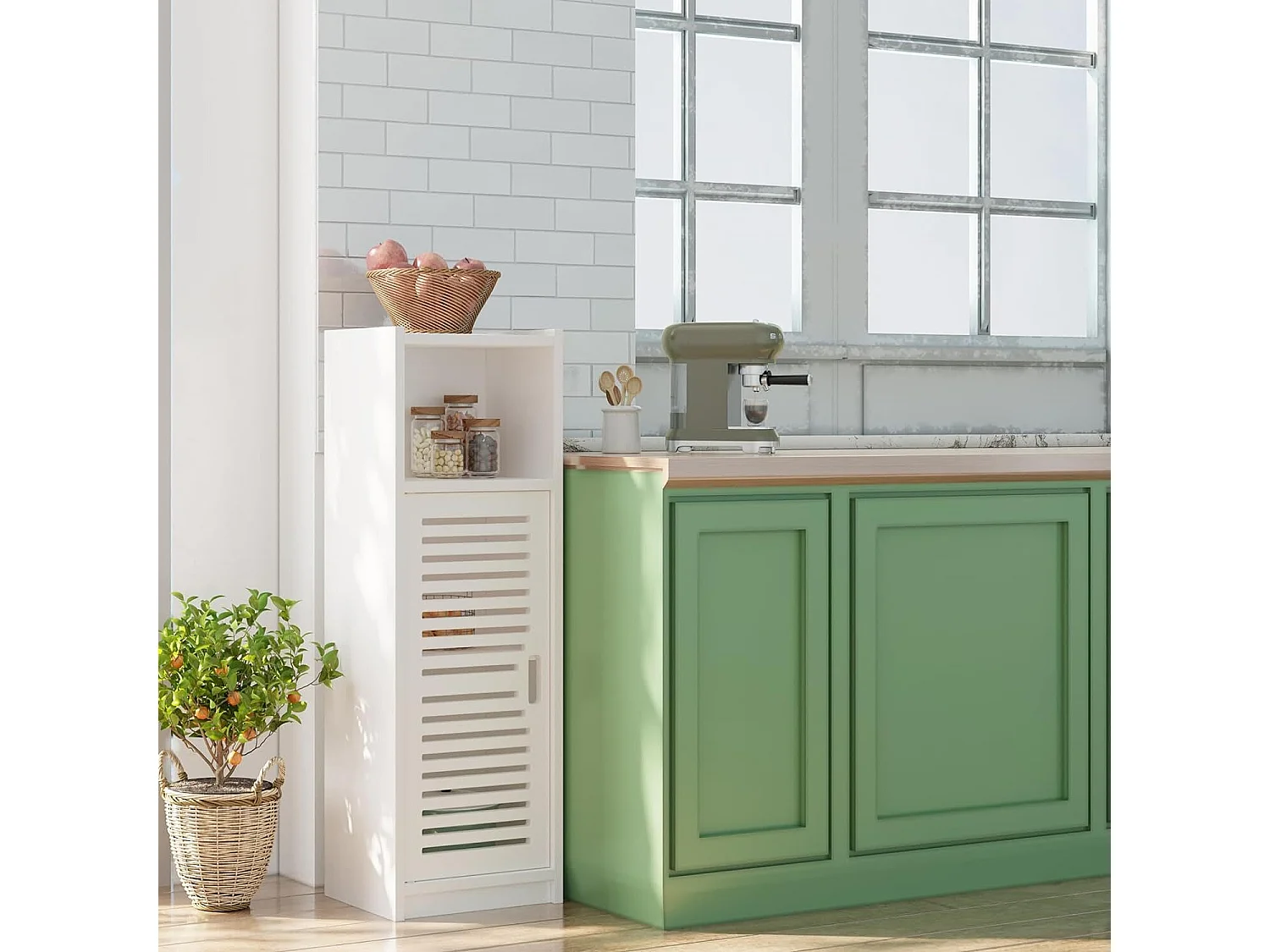 Badkamerkast met kleine deur 3 lades, opbergmeubel met deur, staande plank - 80x25x22cm - Wit