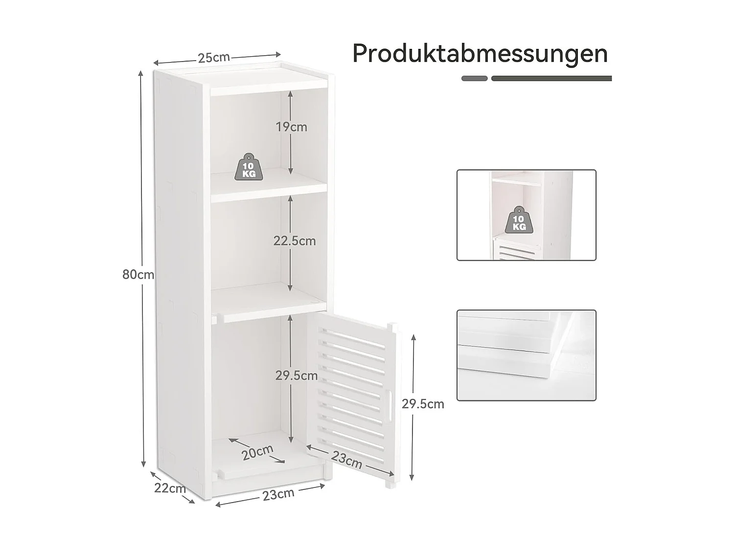 Badkamerkast met kleine deur 3 lades, opbergmeubel met deur, staande plank - 80x25x22cm - Wit