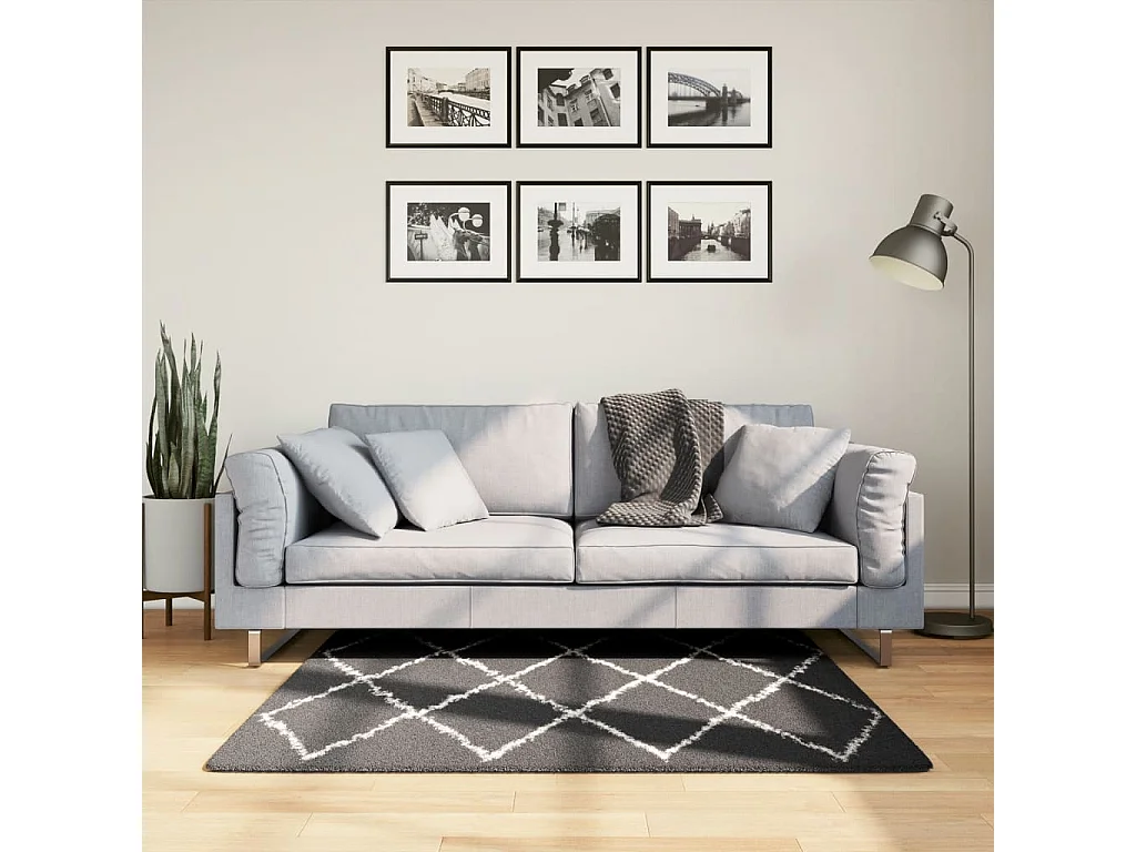 Vito  Tapis shaggy à poils longs moderne noir et crème 120x120 cm