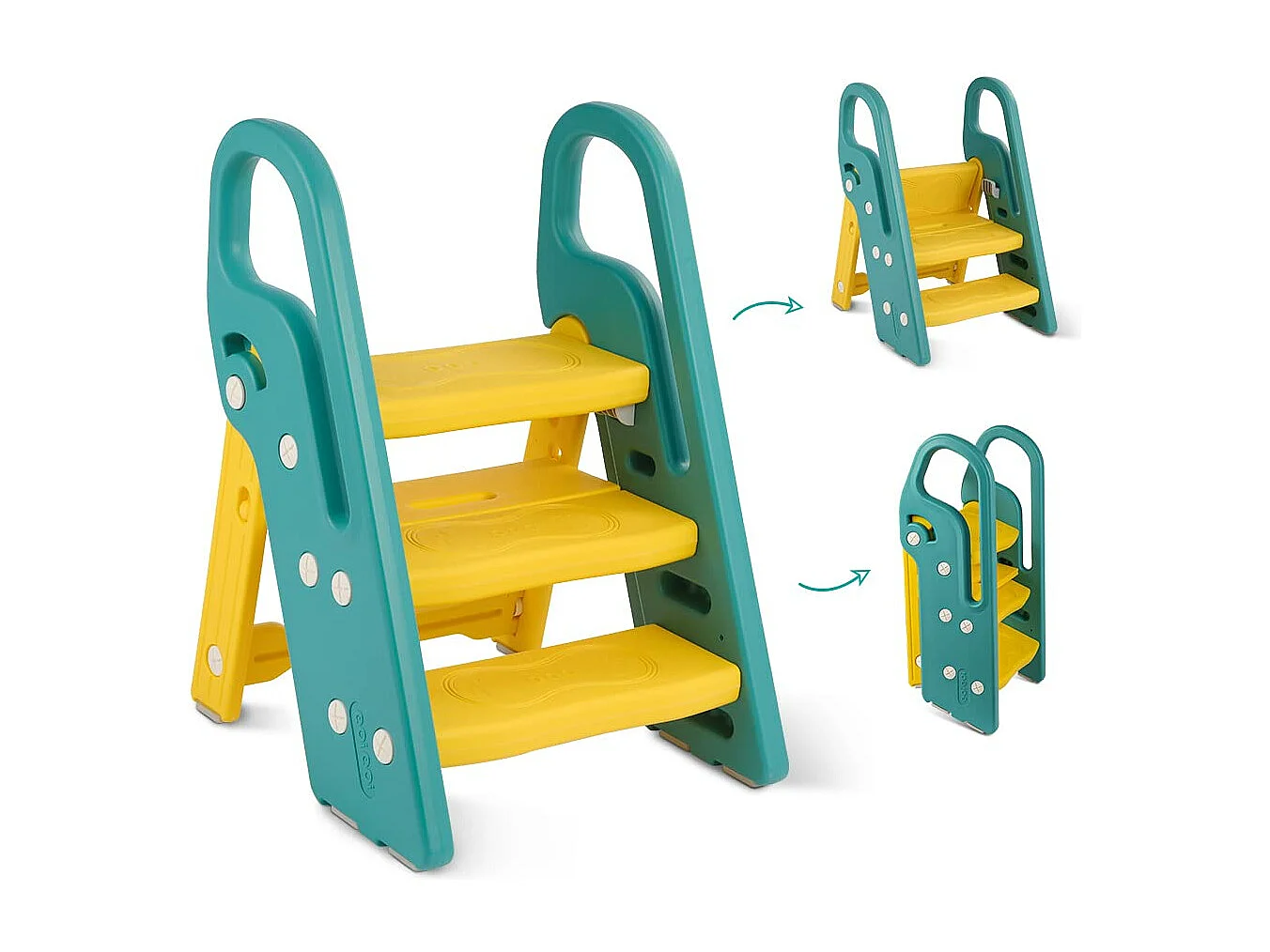 Etapas dobráveis ​​para crianças bebês com 3 etapas não deslizantes, reforço estável, altura ajustável, multifuncional com alças de banheiro, amarelo e verde