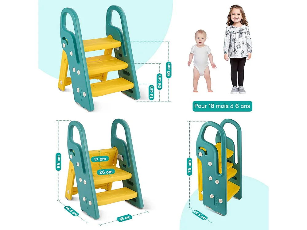 Etapas dobráveis ​​para crianças bebês com 3 etapas não deslizantes, reforço estável, altura ajustável, multifuncional com alças de banheiro, amarelo e verde