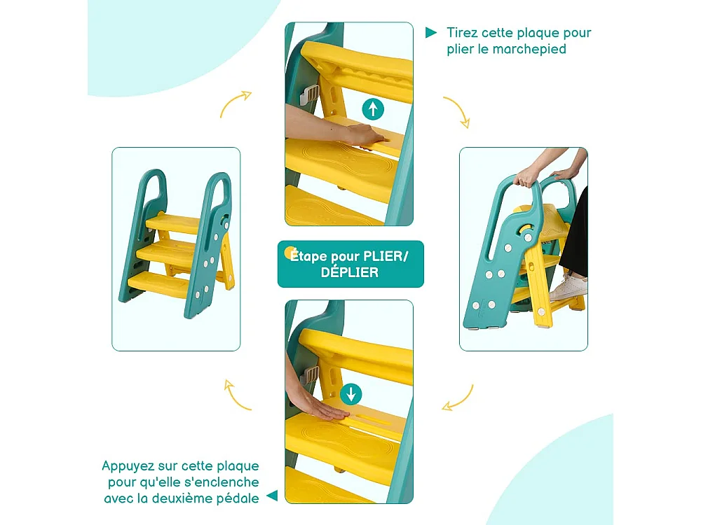Etapas dobráveis ​​para crianças bebês com 3 etapas não deslizantes, reforço estável, altura ajustável, multifuncional com alças de banheiro, amarelo e verde