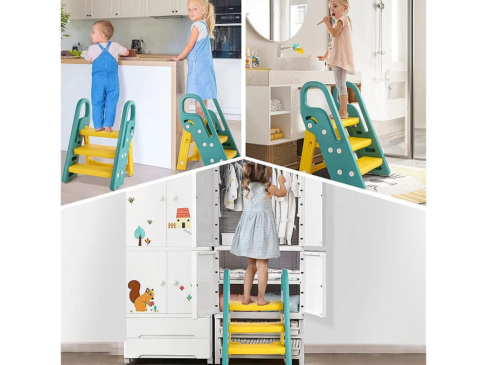 Etapas dobráveis ​​para crianças bebês com 3 etapas não deslizantes, reforço estável, altura ajustável, multifuncional com alças de banheiro, amarelo e verde