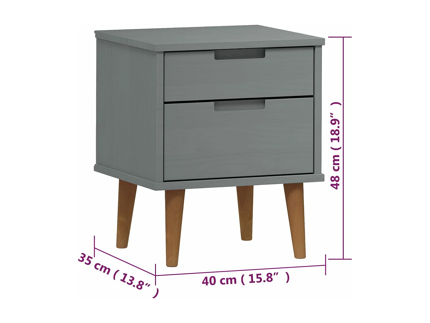 Qilrim  Nachttisch MOLDE Grau 40x35x48 cm Massivholz Kiefer