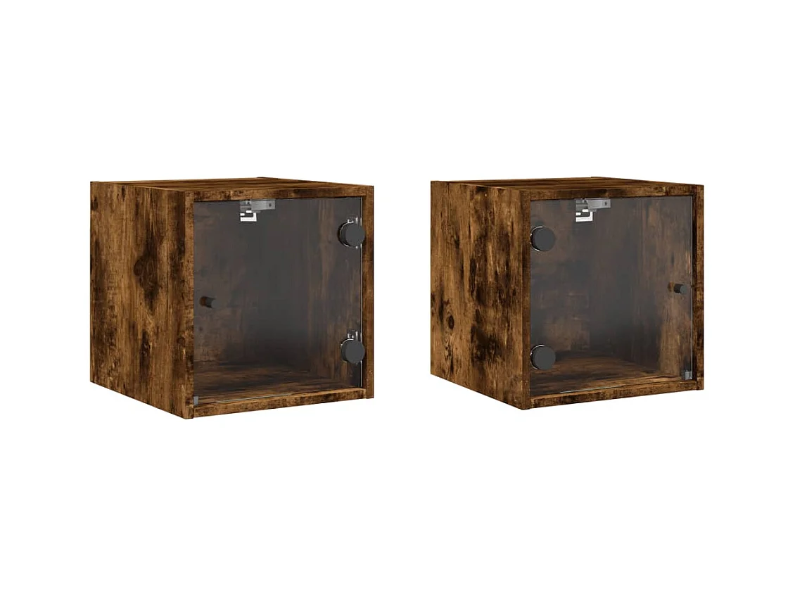 Nihat  Tables de chevet et portes vitrées 2 pcs chêne fumé 35x37x35 cm