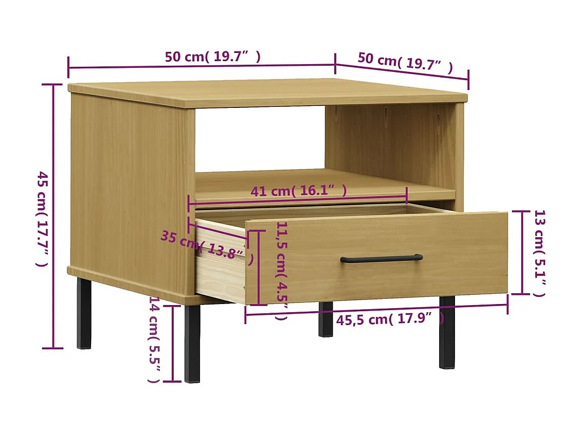 Jacques-Gilbert  Table de chevet avec pieds en métal Marron Bois pin massif OSLO