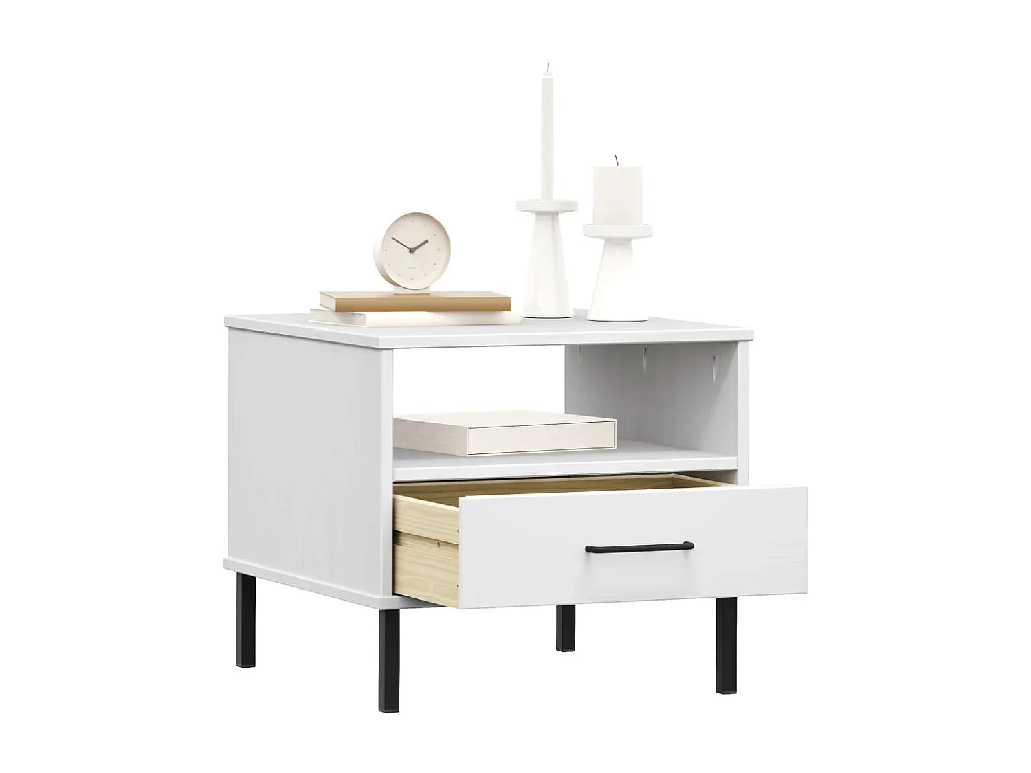 Jacques-Gilbert  Comodino con Gambe in Metallo Bianco Legno Massello Pino OSLO