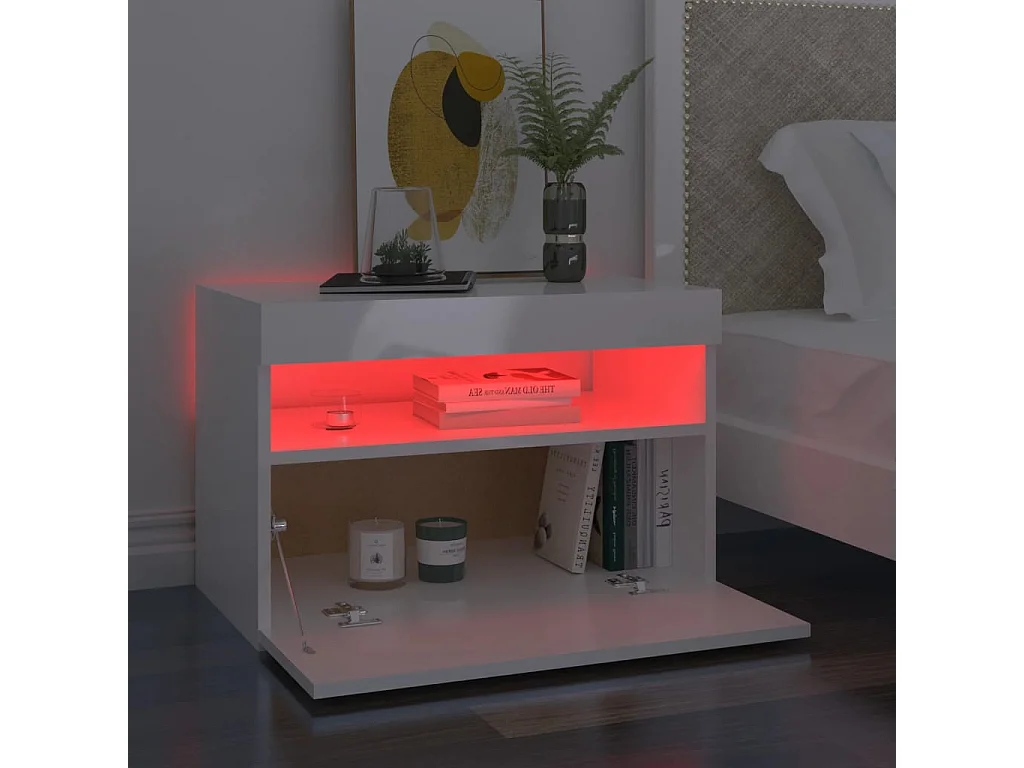 Beeville  Nachttisch mit LED-Leuchten Hochglanz-Weiß 60x35x40 cm
