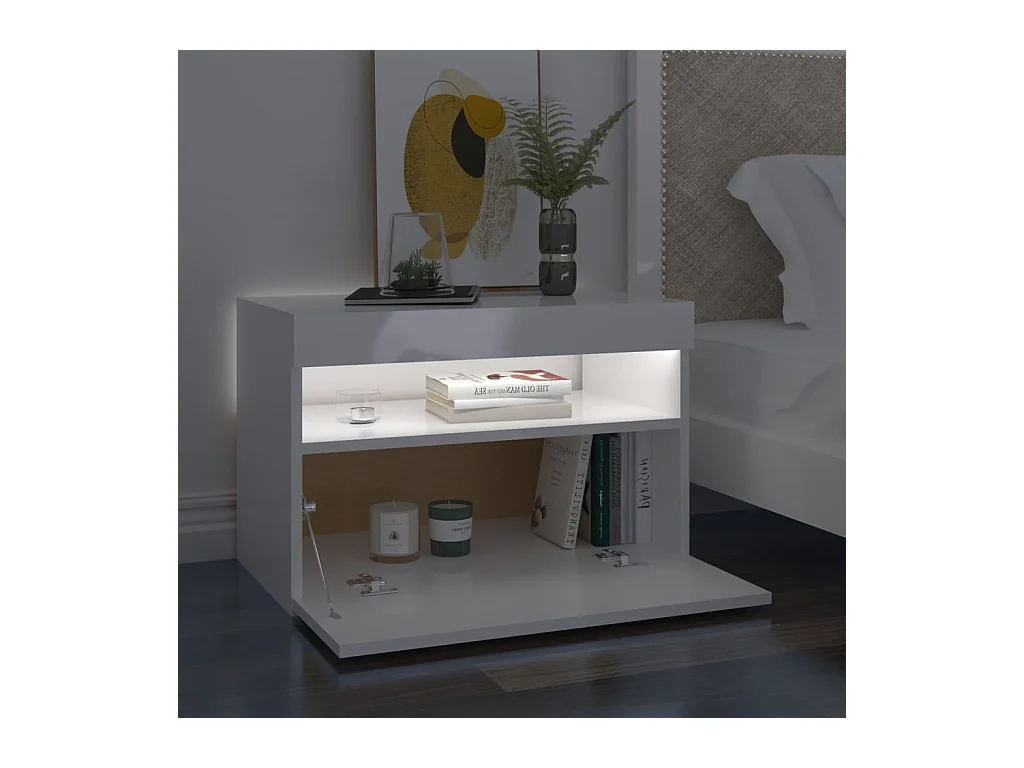 Beeville  Nachttisch mit LED-Leuchten Hochglanz-Weiß 60x35x40 cm