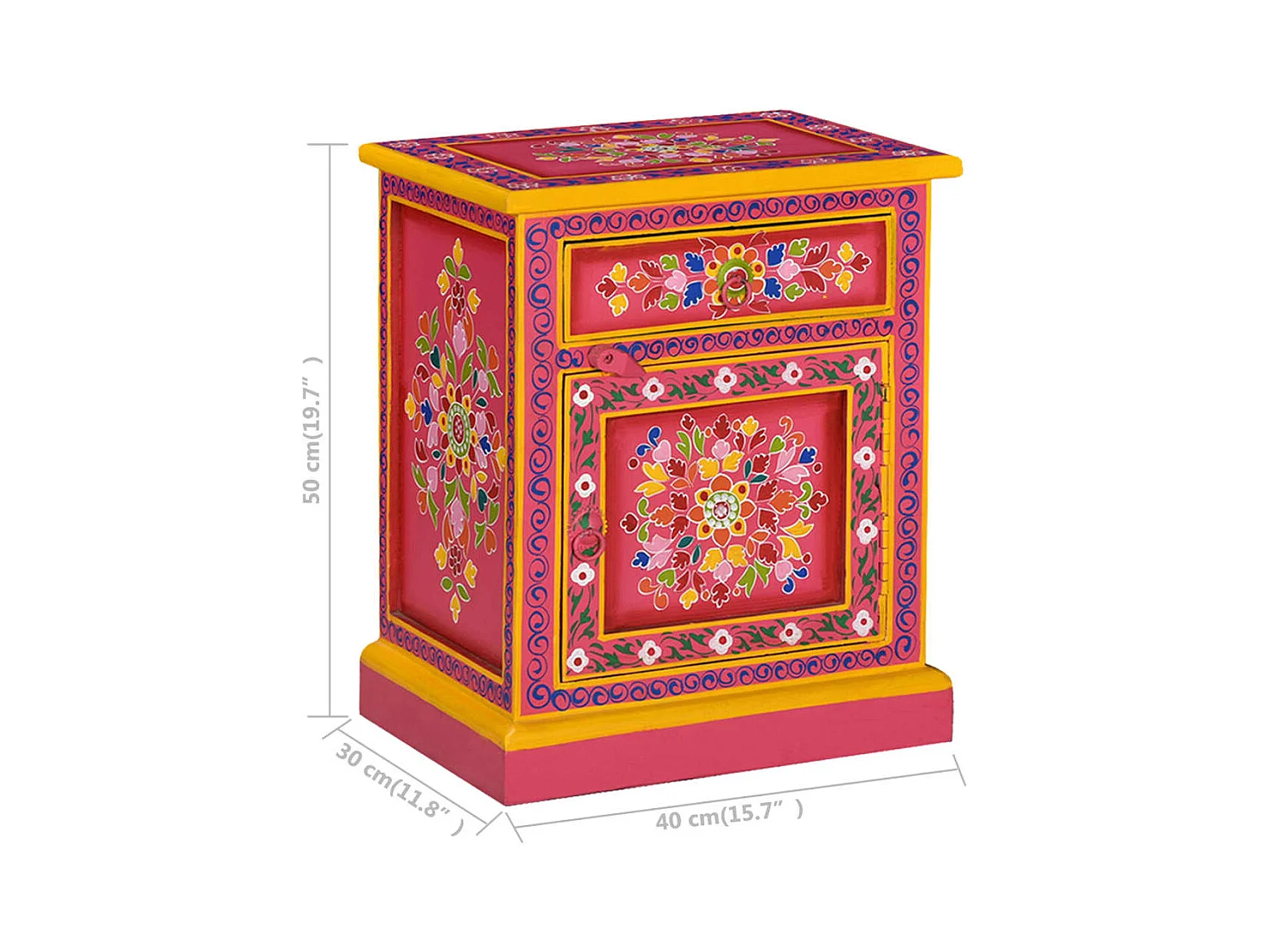 Anne-Françoise-Louise  Table de chevet Bois de manguier massif Rose Peinture à la main
