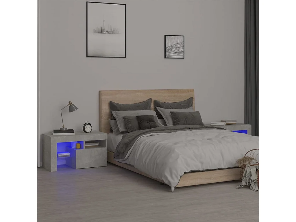 Zutphen  Tables de chevet 2 pcs et lumières LED Gris béton 70x36,5x40 cm
