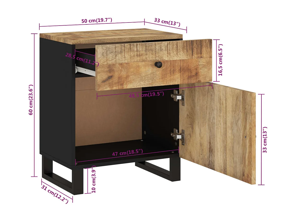 Runar  Table de chevet 50x33x60 cm Bois de manguier et d'ingénierie