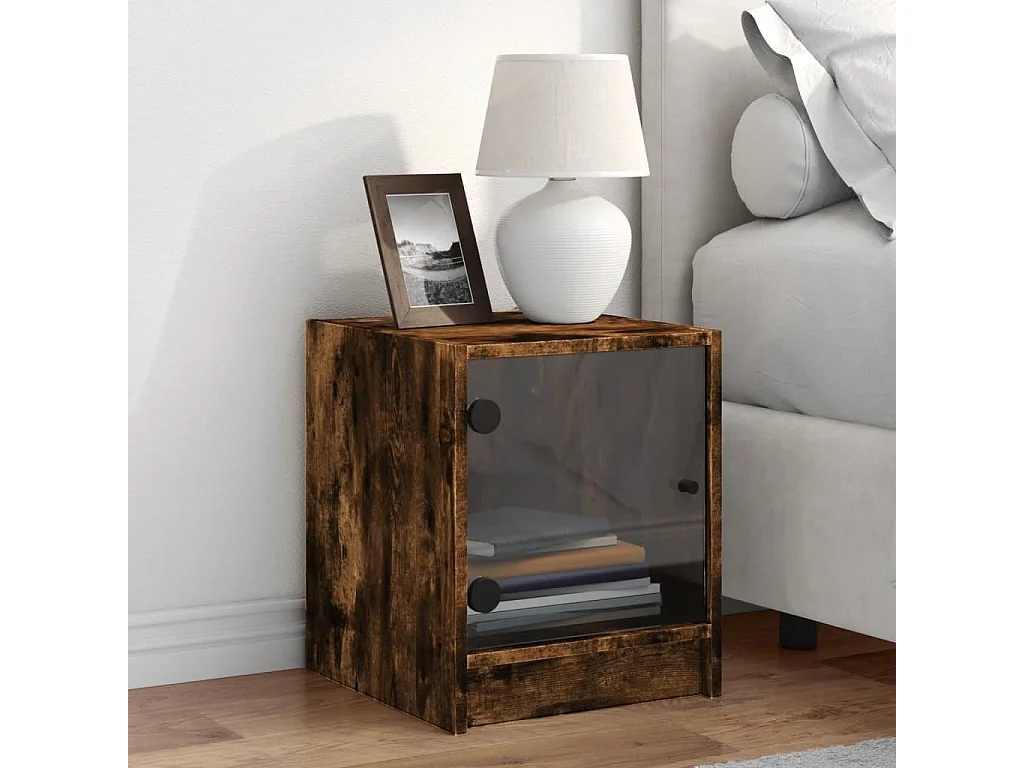 Butte  Mesita de noche con puerta de vidrio roble ahumado 35x37x42 cm