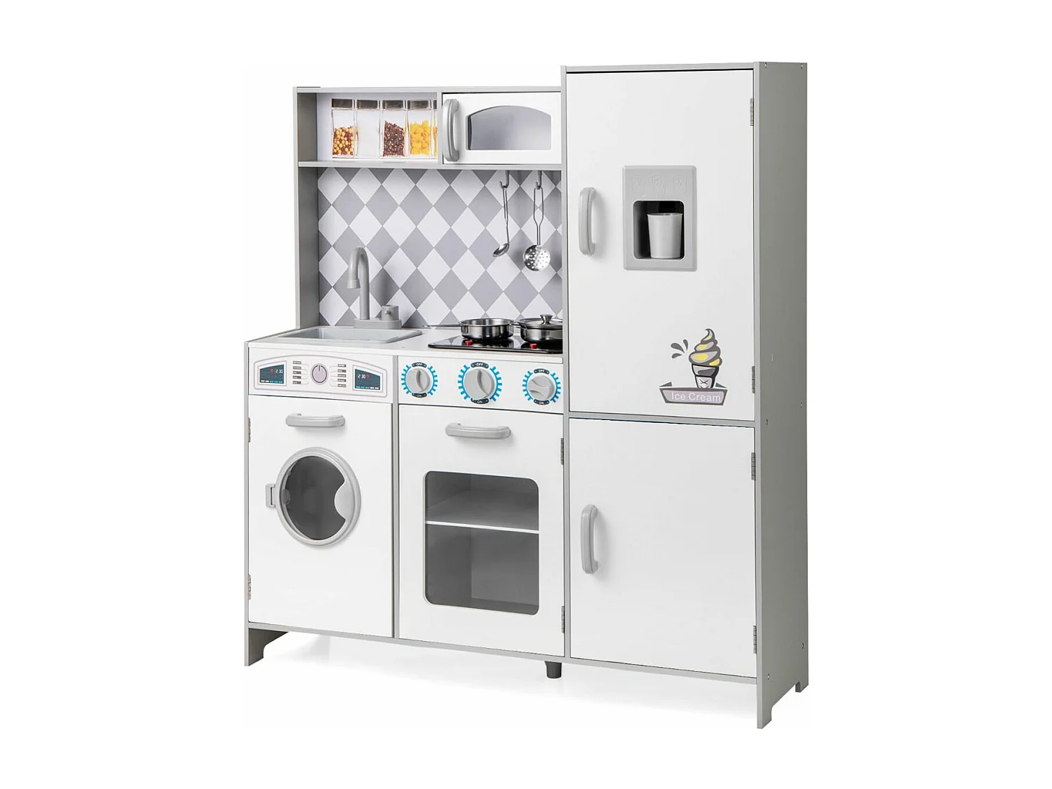 Cuisine Enfant en Bois avec Effets Sonores et Lumières, avec Machine à Laver et Micro-Ondes, Machine à Glaçons, Jouet de Simulation pour Enfant de 3 Ans+