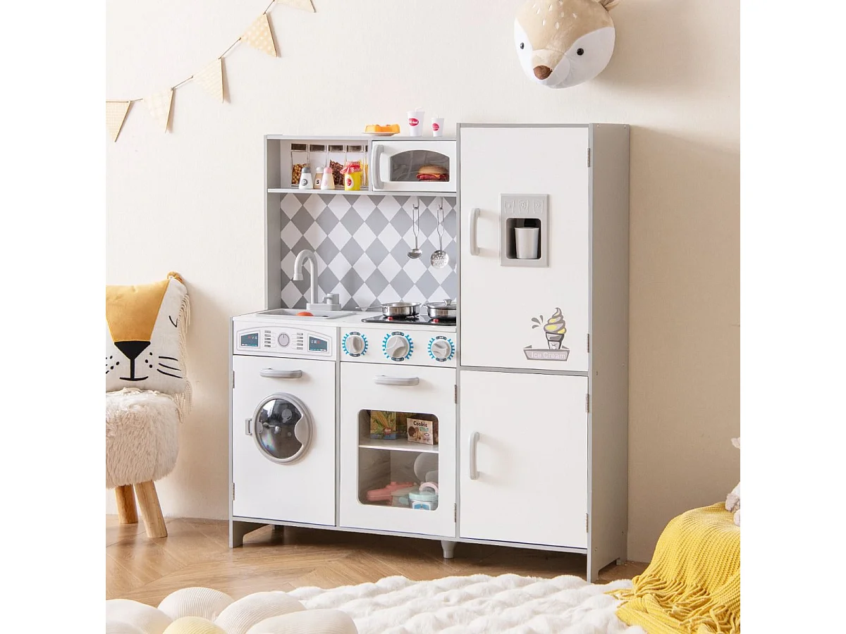 Cuisine Enfant en Bois avec Effets Sonores et Lumières, avec Machine à Laver et Micro-Ondes, Machine à Glaçons, Jouet de Simulation pour Enfant de 3 Ans+