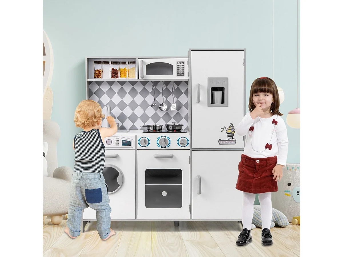 Cuisine Enfant en Bois avec Effets Sonores et Lumières, avec Machine à Laver et Micro-Ondes, Machine à Glaçons, Jouet de Simulation pour Enfant de 3 Ans+
