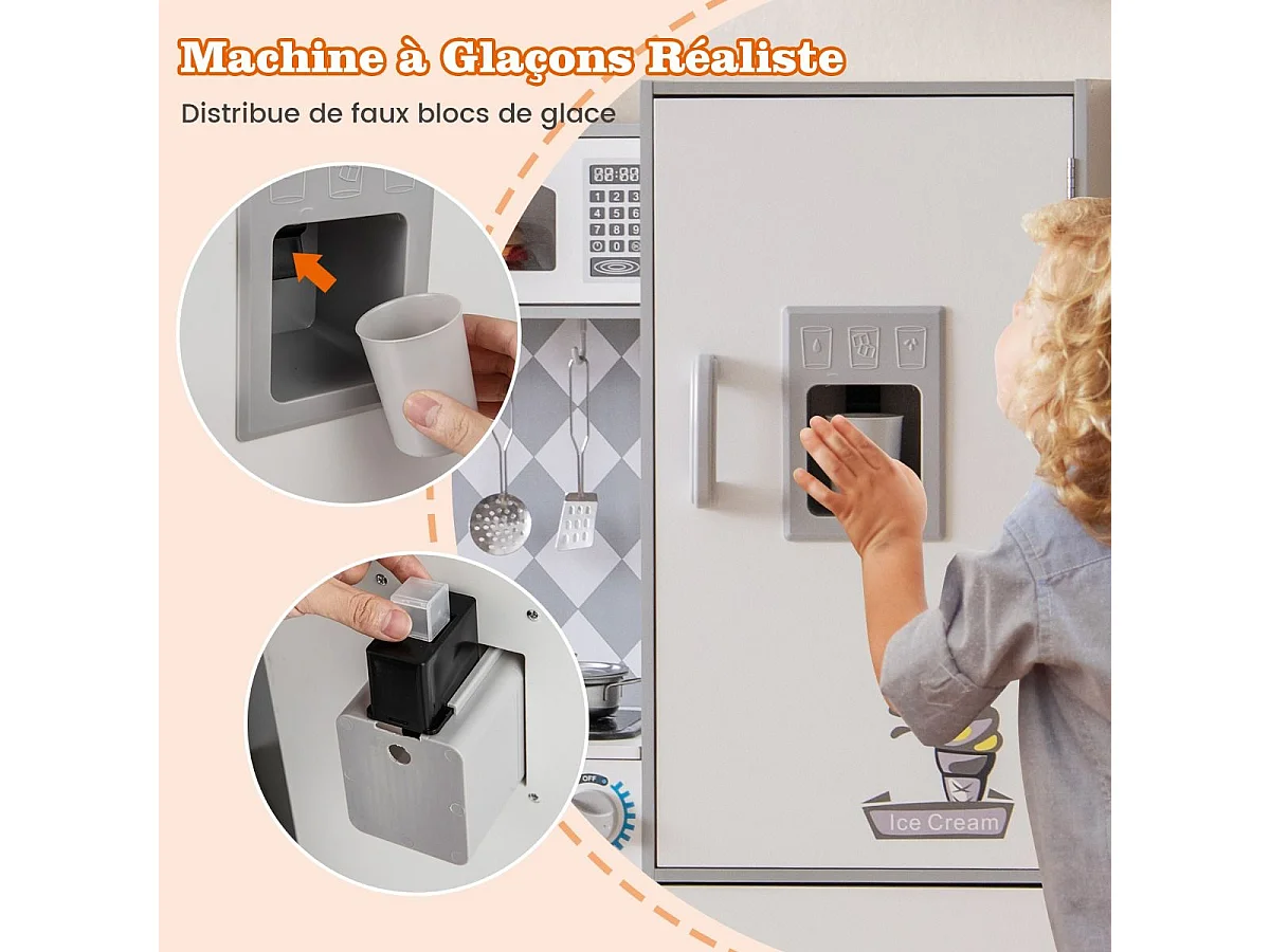 Cuisine Enfant en Bois avec Effets Sonores et Lumières, avec Machine à Laver et Micro-Ondes, Machine à Glaçons, Jouet de Simulation pour Enfant de 3 Ans+