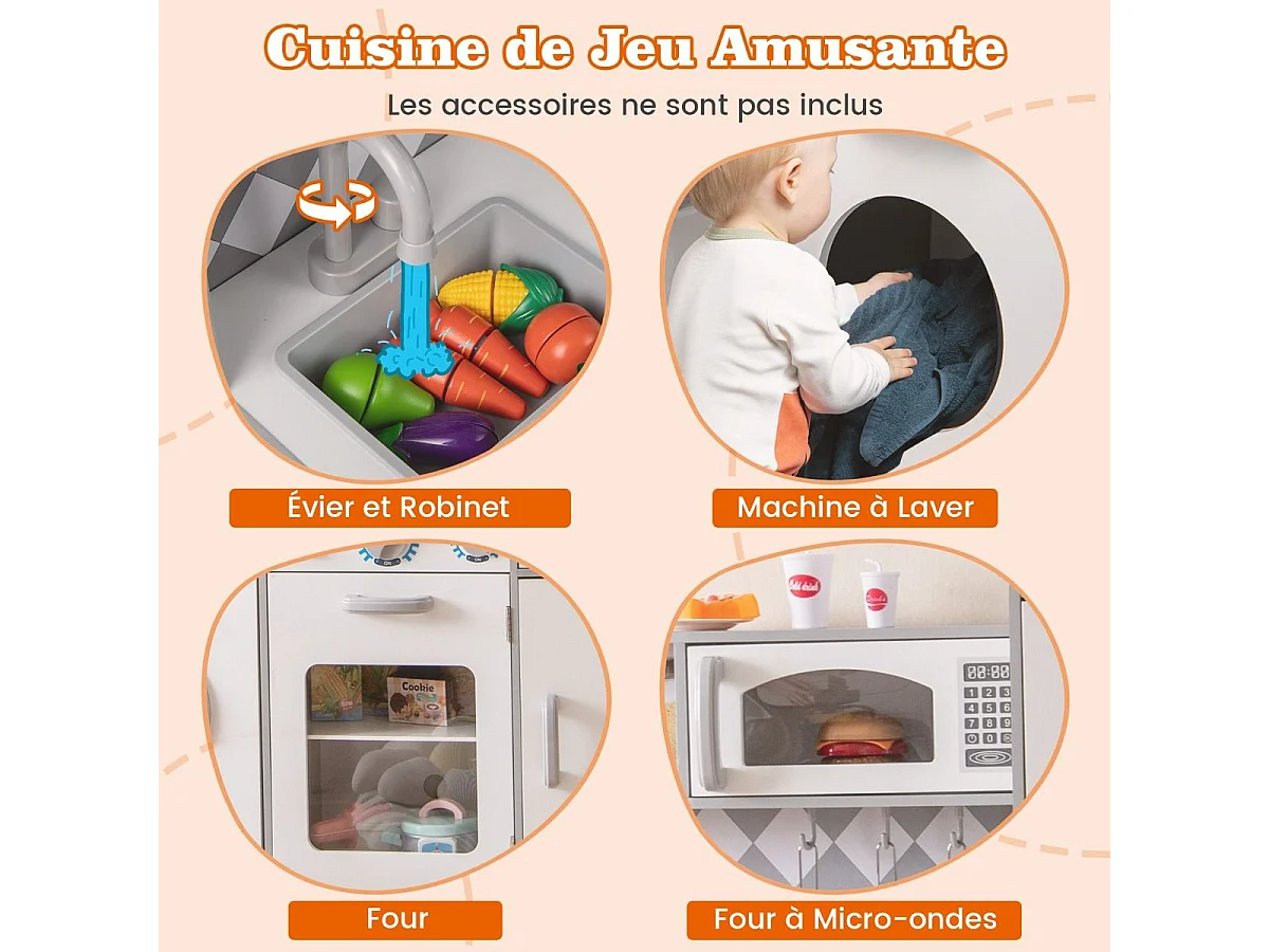 Cuisine Enfant en Bois avec Effets Sonores et Lumières, avec Machine à Laver et Micro-Ondes, Machine à Glaçons, Jouet de Simulation pour Enfant de 3 Ans+