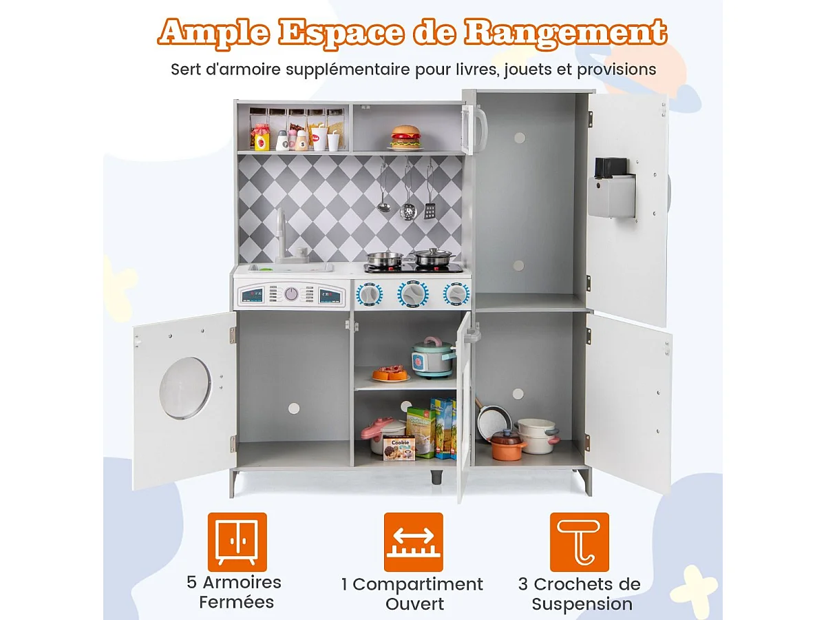 Cuisine Enfant en Bois avec Effets Sonores et Lumières, avec Machine à Laver et Micro-Ondes, Machine à Glaçons, Jouet de Simulation pour Enfant de 3 Ans+