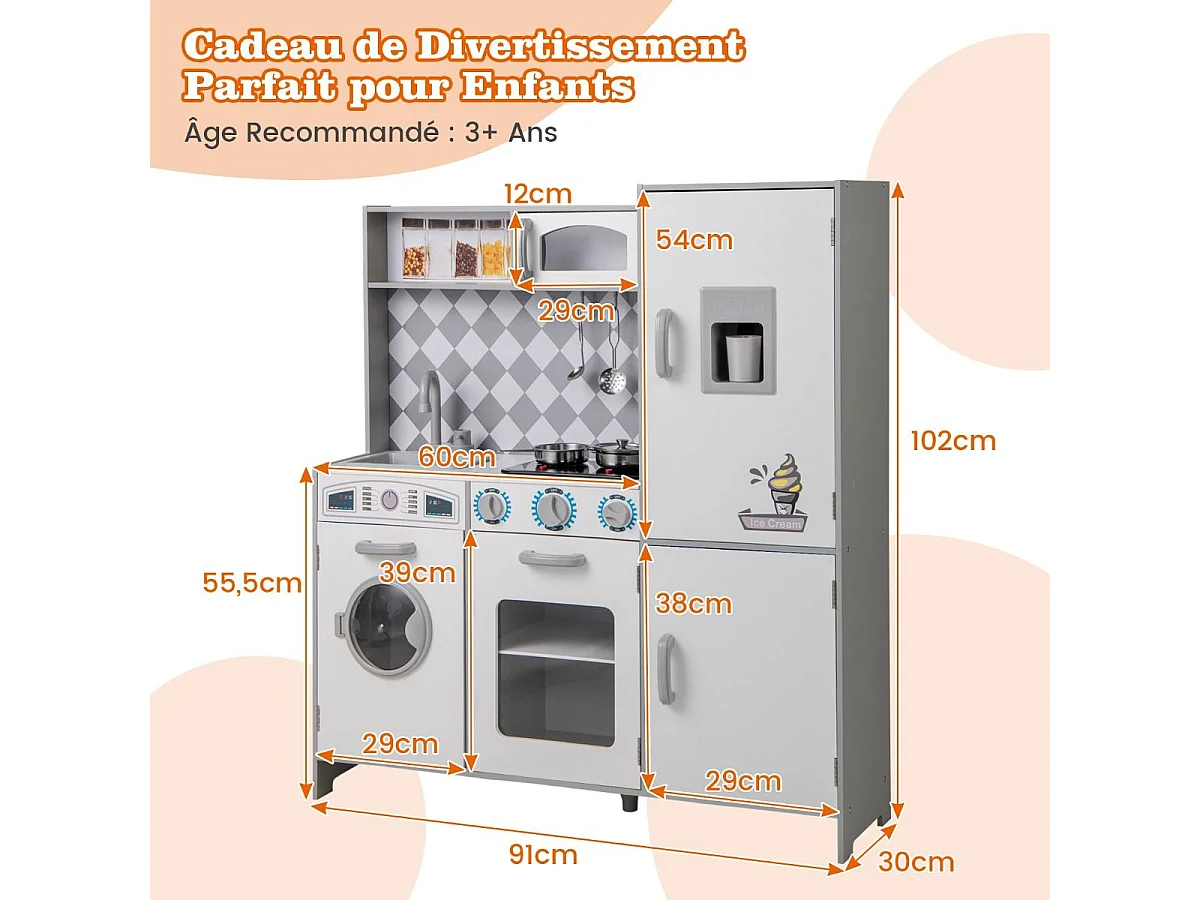 Cuisine Enfant en Bois avec Effets Sonores et Lumières, avec Machine à Laver et Micro-Ondes, Machine à Glaçons, Jouet de Simulation pour Enfant de 3 Ans+