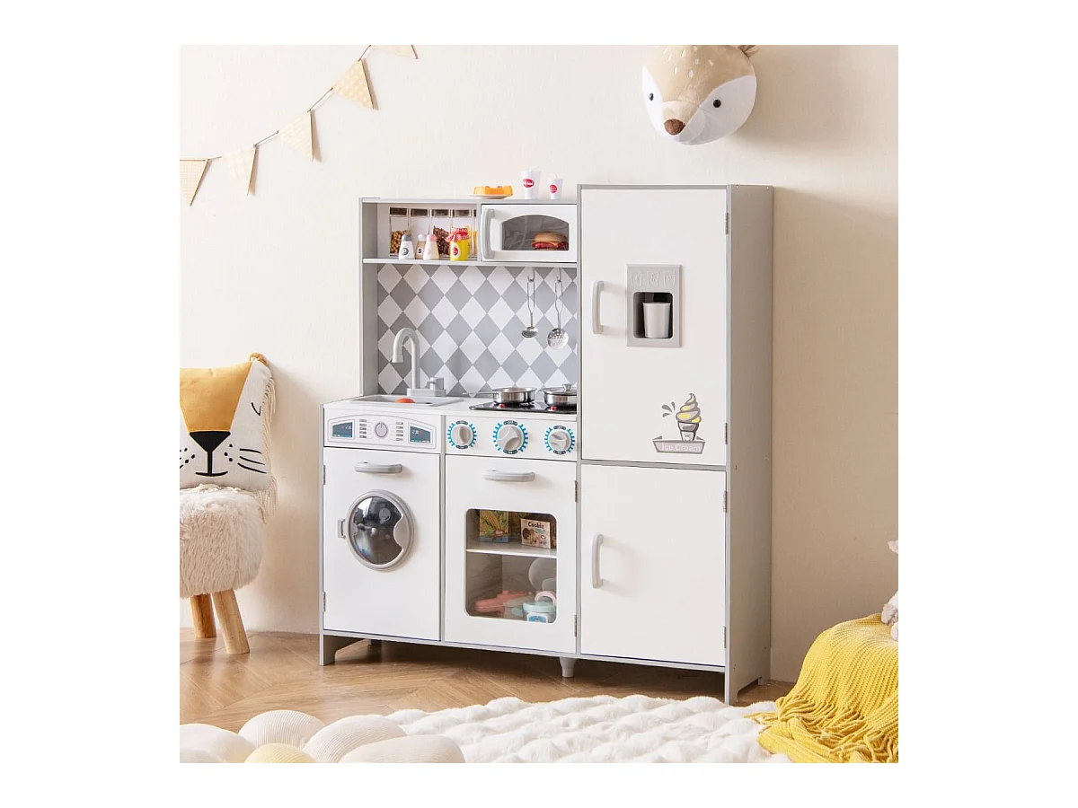 Houten keuken voor kinderen met licht en geluid, kinderfornuis met wasmachine en magnetron, ijsblokjesmachine, rollenspel speelgoed voor kinderen vanaf 3 jaar