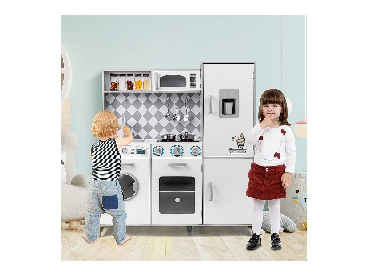 Houten keuken voor kinderen met licht en geluid, kinderfornuis met wasmachine en magnetron, ijsblokjesmachine, rollenspel speelgoed voor kinderen vanaf 3 jaar