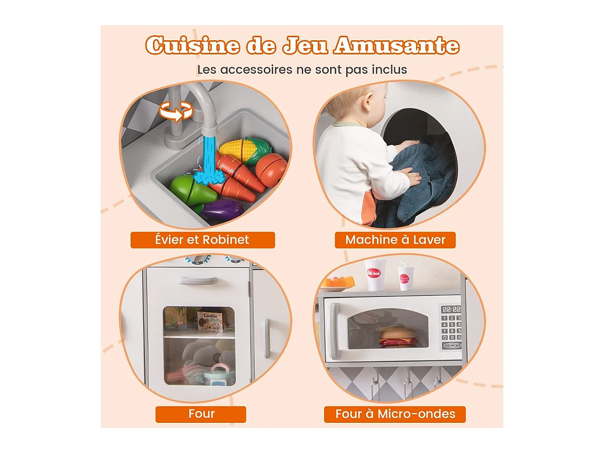Houten keuken voor kinderen met licht en geluid, kinderfornuis met wasmachine en magnetron, ijsblokjesmachine, rollenspel speelgoed voor kinderen vanaf 3 jaar
