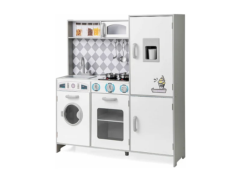 Cuisine Enfant en Bois avec Effets Sonores et Lumières, avec Machine à Laver et Micro-Ondes, Machine à Glaçons, Jouet de Simulation pour Enfant de 3 Ans+